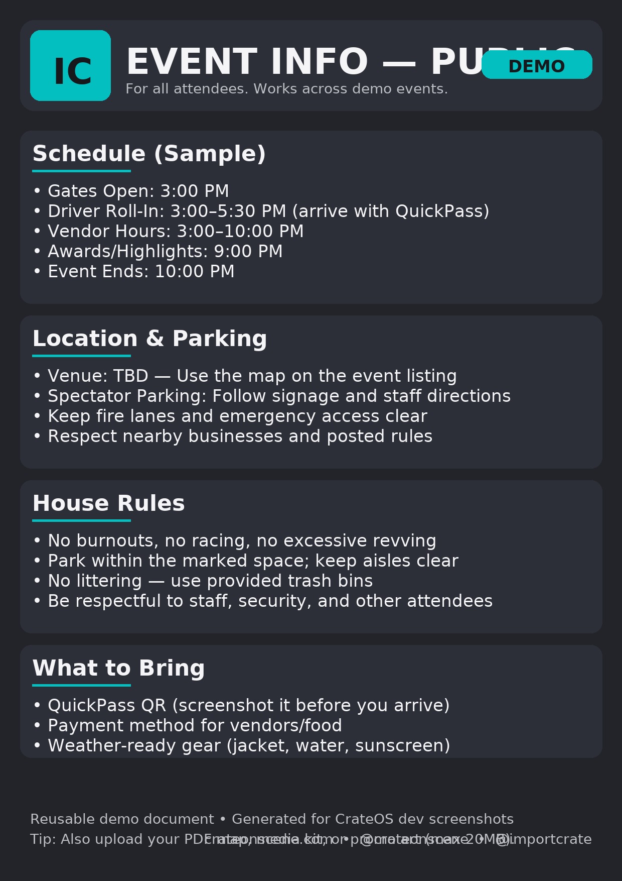 Public Schedule, Location & Parking, House Rules, and What to Bring